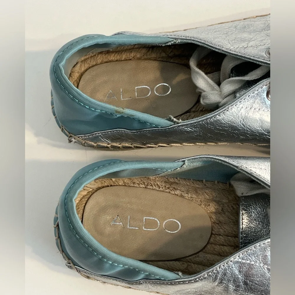 Aldo’s Women’s Platform Espadrille Silver Metallic‎ Sneakers Lace Up Shoes 8.5